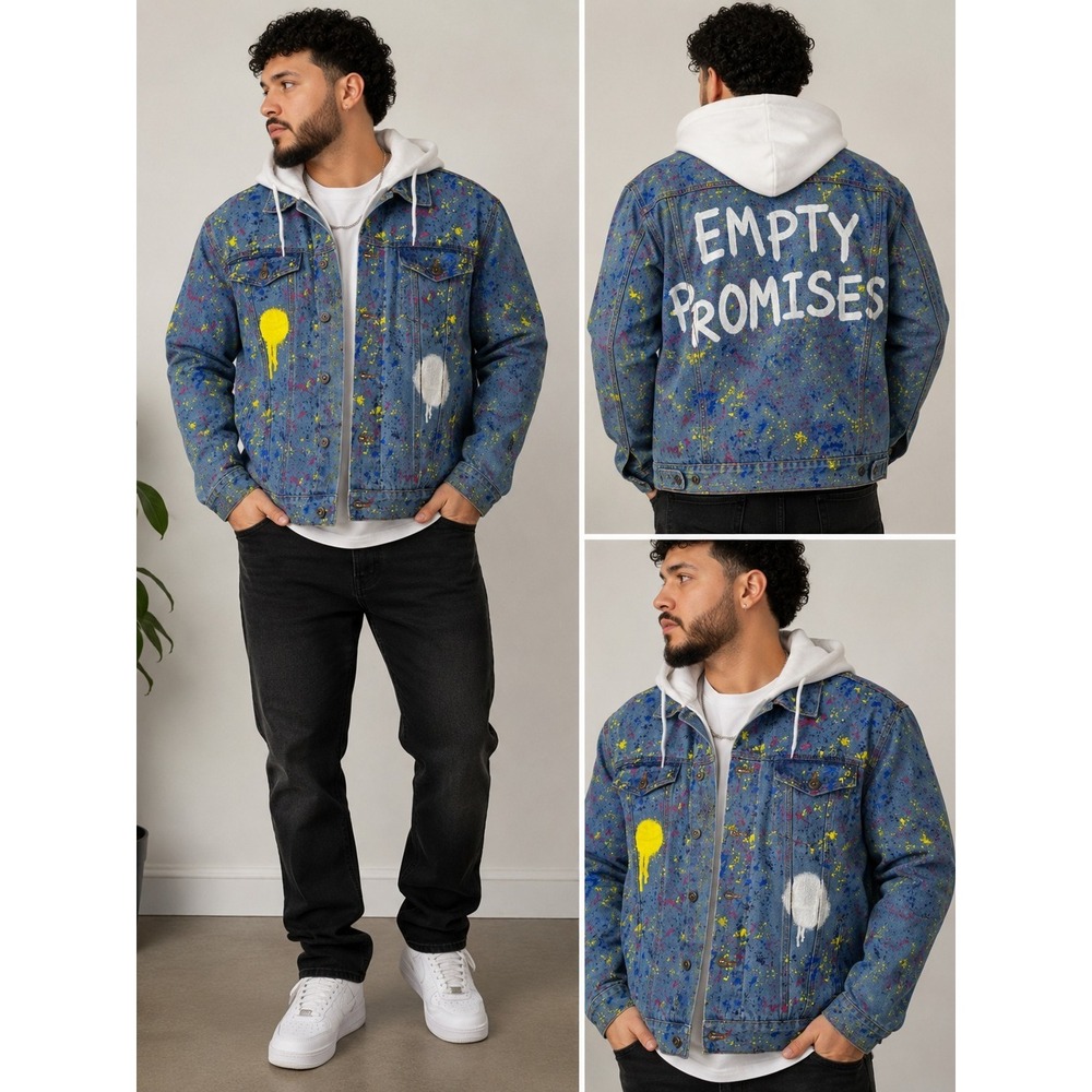 Brooklyn Cloth Men's L Denim Jacket Hoodie Paint Splatter Empty Promises Y2K